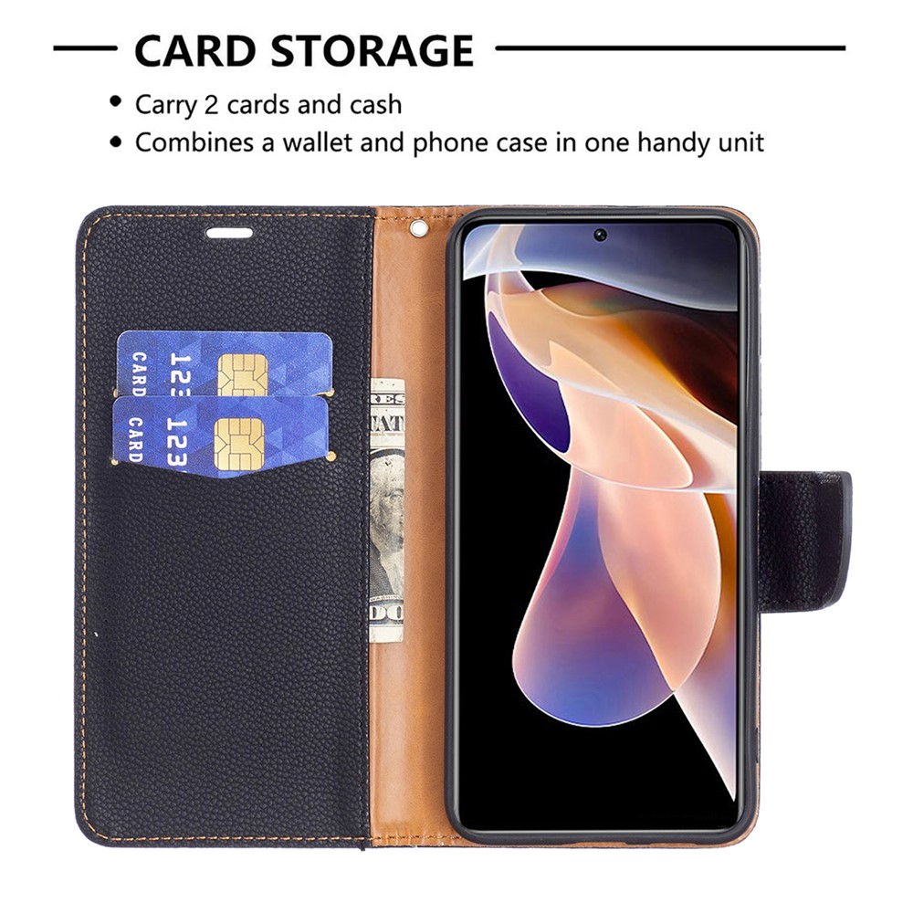 Solid Color Litchi Texture Wallet Stand Folio Flip Magnetic Closure Leather Case Cover with Handy Strap for Xiaomi Redmi Note 11 Pro/11 Pro+ - Black-5