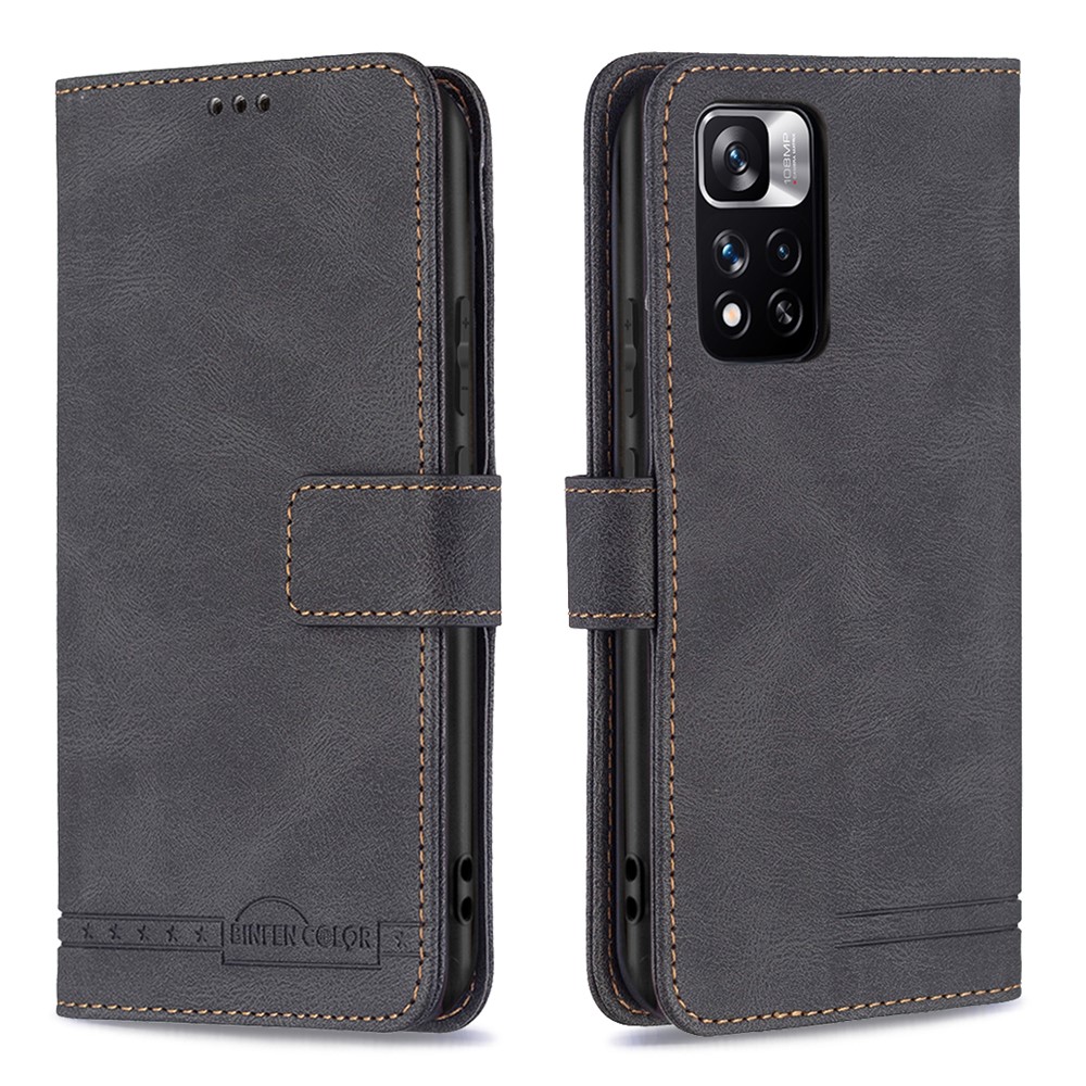 BINFEN COLOR BF09 RFID Blocking Phone Case Flip Design Leather Stand Wallet Phone Cover Protector for Xiaomi Redmi Note 11 Pro/11 Pro+ - Black-1