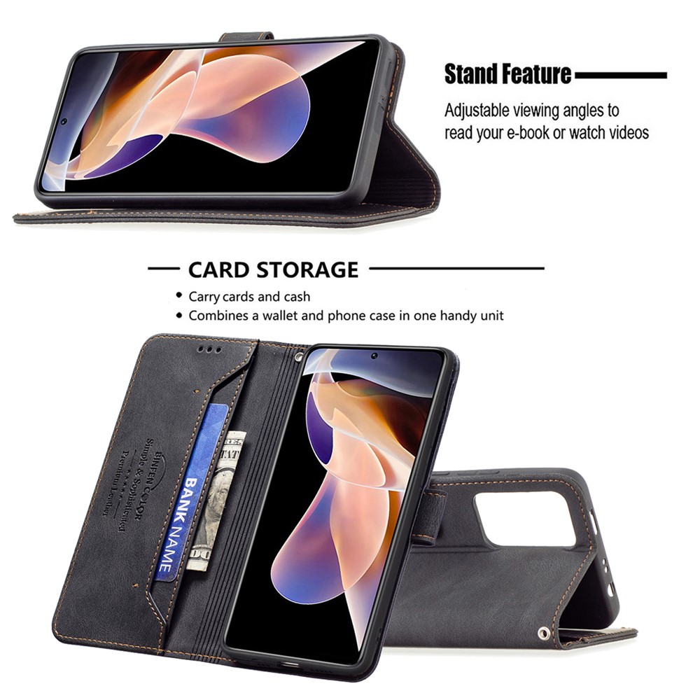 BINFEN COLOR BF09 RFID Blocking Phone Case Flip Design Leather Stand Wallet Phone Cover Protector for Xiaomi Redmi Note 11 Pro/11 Pro+ - Black-4