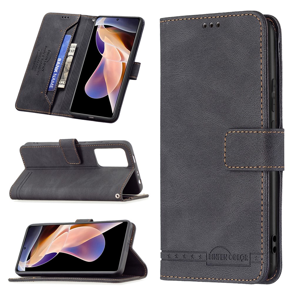 BINFEN COLOR BF09 RFID Blocking Phone Case Flip Design Leather Stand Wallet Phone Cover Protector for Xiaomi Redmi Note 11 Pro/11 Pro+ - Black-9