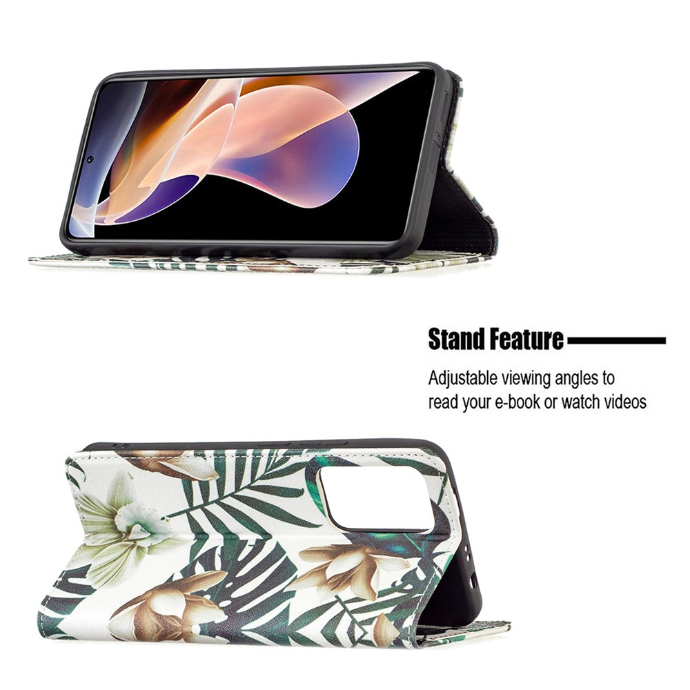 Magnetic Auto-absorbed Pattern Printing Leather Case Wallet Horizontal Viewing Stand Phone Flip Cover for Xiaomi Redmi Note 11 Pro/11 Pro+ - Flower and Leaves-4