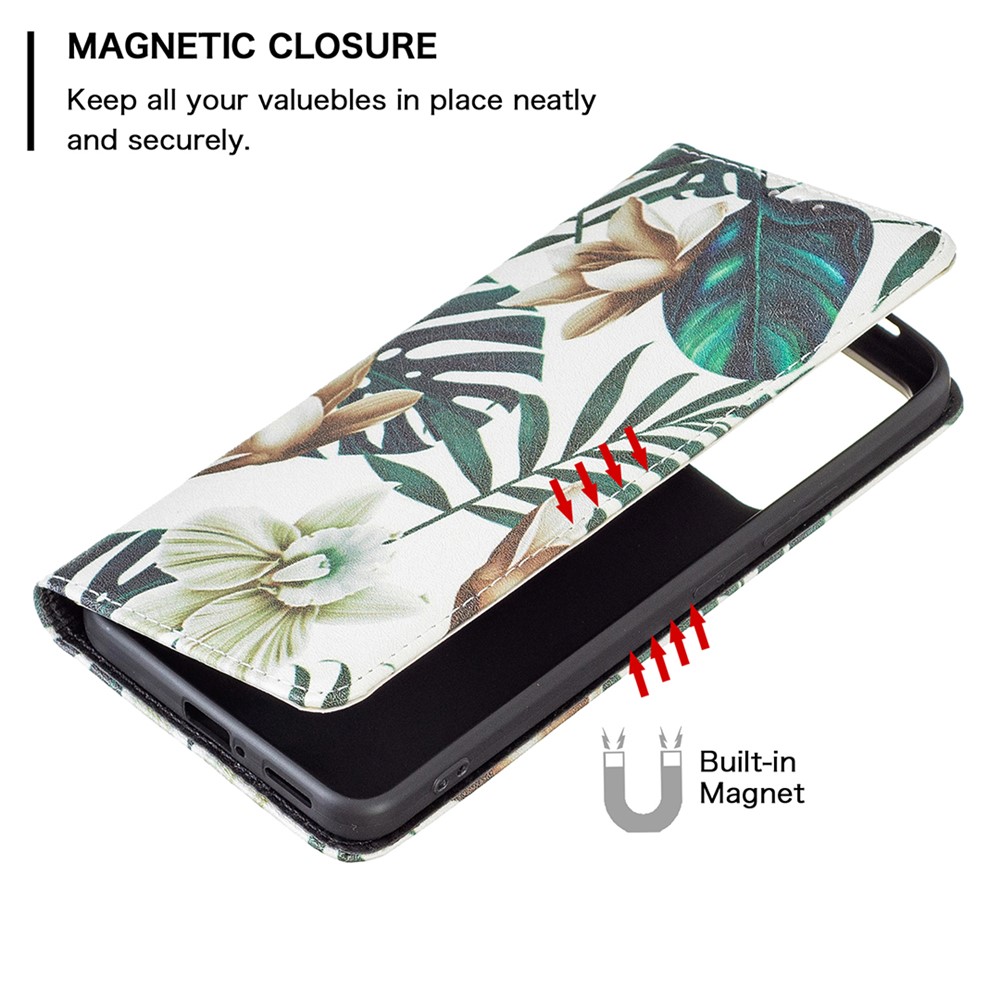 Magnetic Auto-absorbed Pattern Printing Leather Case Wallet Horizontal Viewing Stand Phone Flip Cover for Xiaomi Redmi Note 11 Pro/11 Pro+ - Flower and Leaves-5