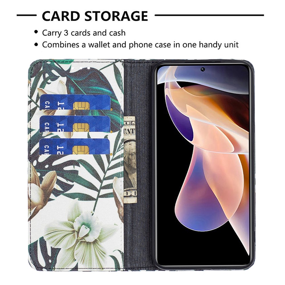 Magnetic Auto-absorbed Pattern Printing Leather Case Wallet Horizontal Viewing Stand Phone Flip Cover for Xiaomi Redmi Note 11 Pro/11 Pro+ - Flower and Leaves-6