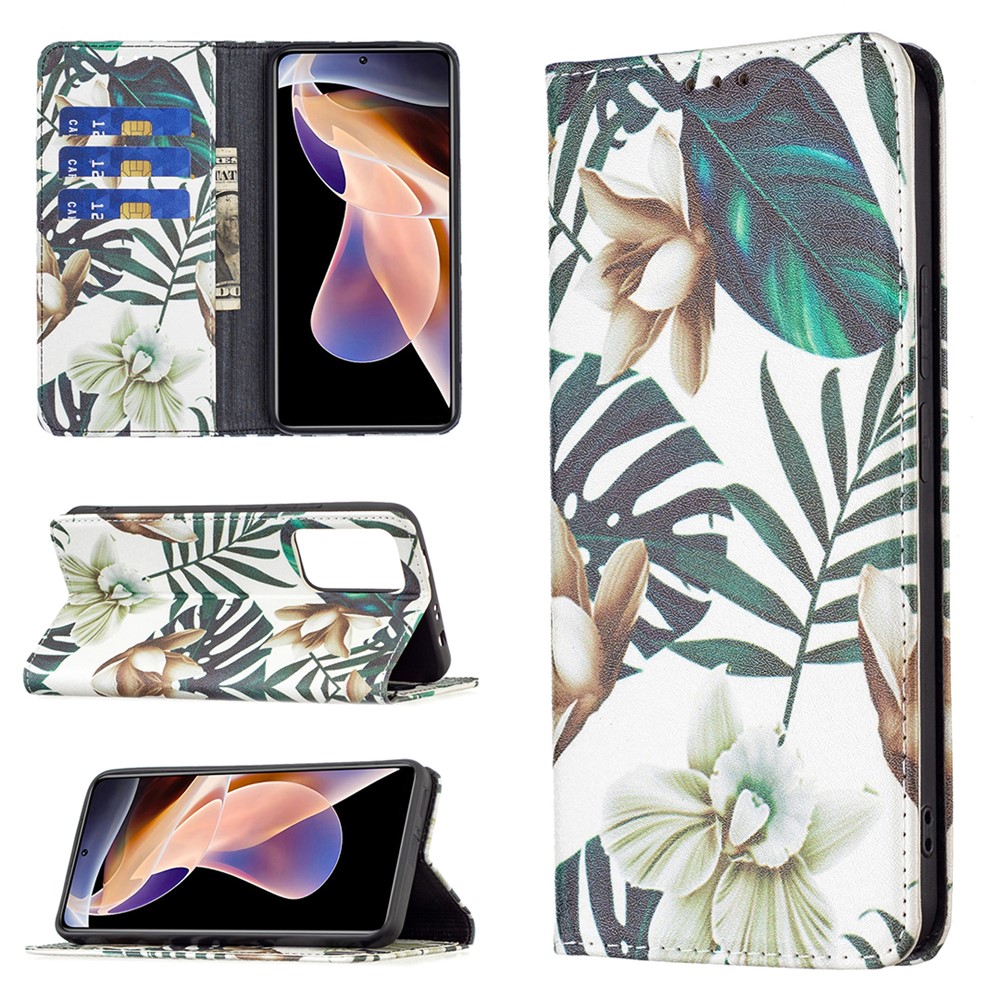 Magnetic Auto-absorbed Pattern Printing Leather Case Wallet Horizontal Viewing Stand Phone Flip Cover for Xiaomi Redmi Note 11 Pro/11 Pro+ - Flower and Leaves-9