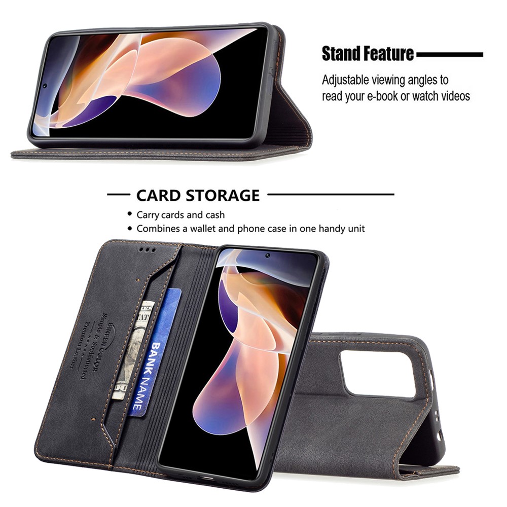 BINFEN COLOR BF08 Phone Case RFID Blocking Flip Leather Stand Wallet Phone Cover Protector for Xiaomi Redmi Note 11 Pro/11 Pro+ - Black-4