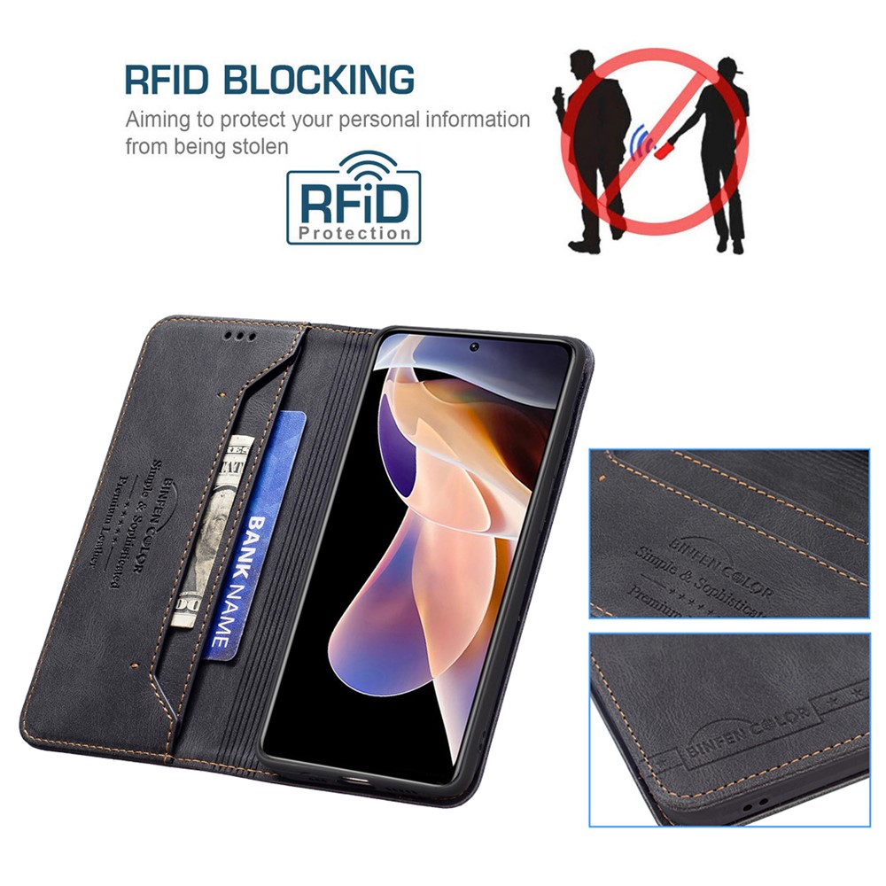 BINFEN COLOR BF08 Phone Case RFID Blocking Flip Leather Stand Wallet Phone Cover Protector for Xiaomi Redmi Note 11 Pro/11 Pro+ - Black-5