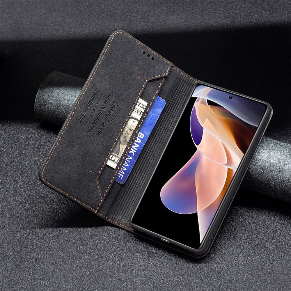 BINFEN COLOR BF08 Phone Case RFID Blocking Flip Leather Stand Wallet Phone Cover Protector for Xiaomi Redmi Note 11 Pro/11 Pro+ - Black-9