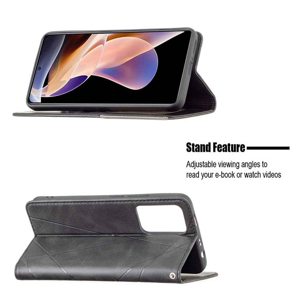 Rhombus-like Imprinted Scratch-resistant Magnetic Closure Card Slots Design Leather Phone Case with Stand for Xiaomi Redmi Note 11 Pro/11 Pro+ - Black-4
