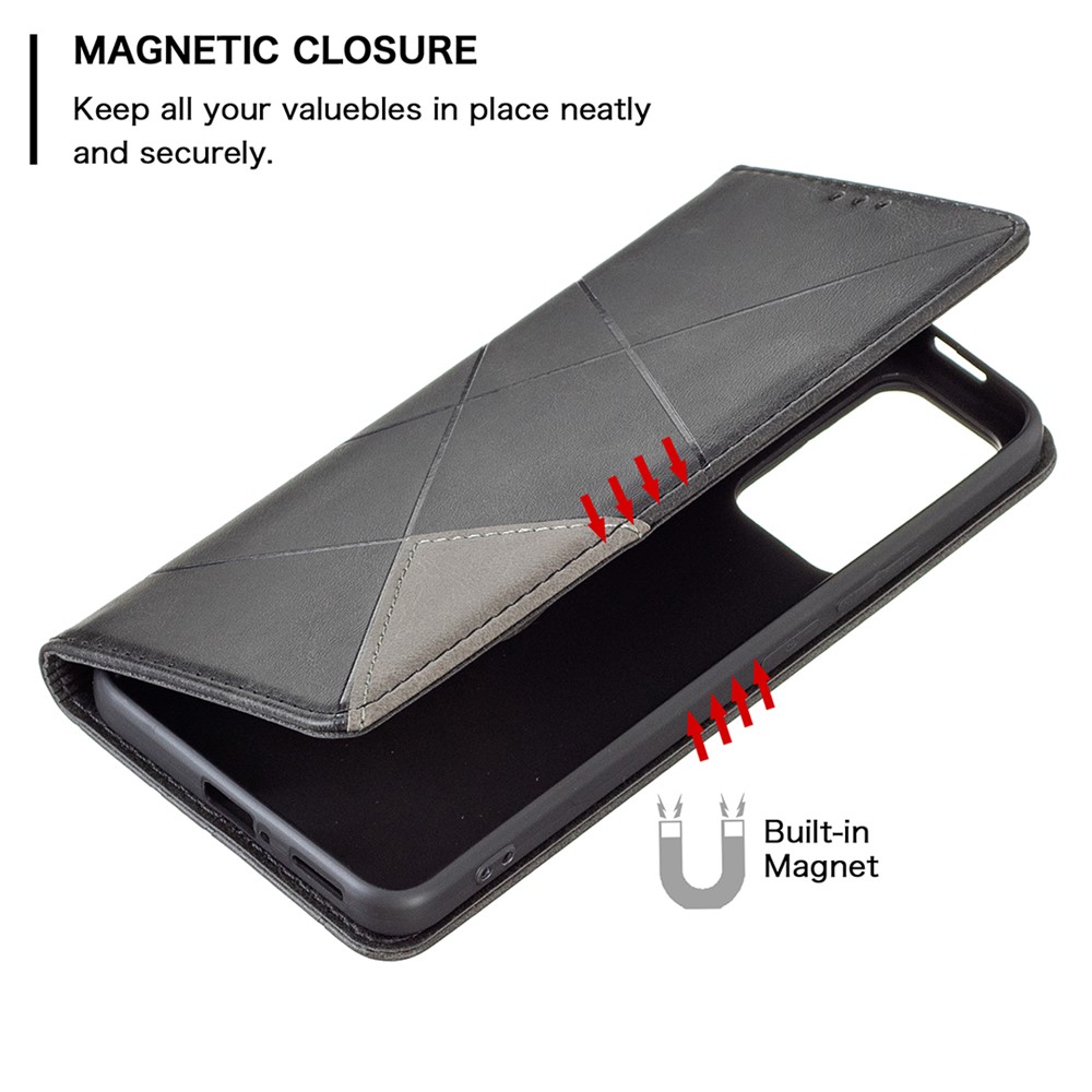 Rhombus-like Imprinted Scratch-resistant Magnetic Closure Card Slots Design Leather Phone Case with Stand for Xiaomi Redmi Note 11 Pro/11 Pro+ - Black-5