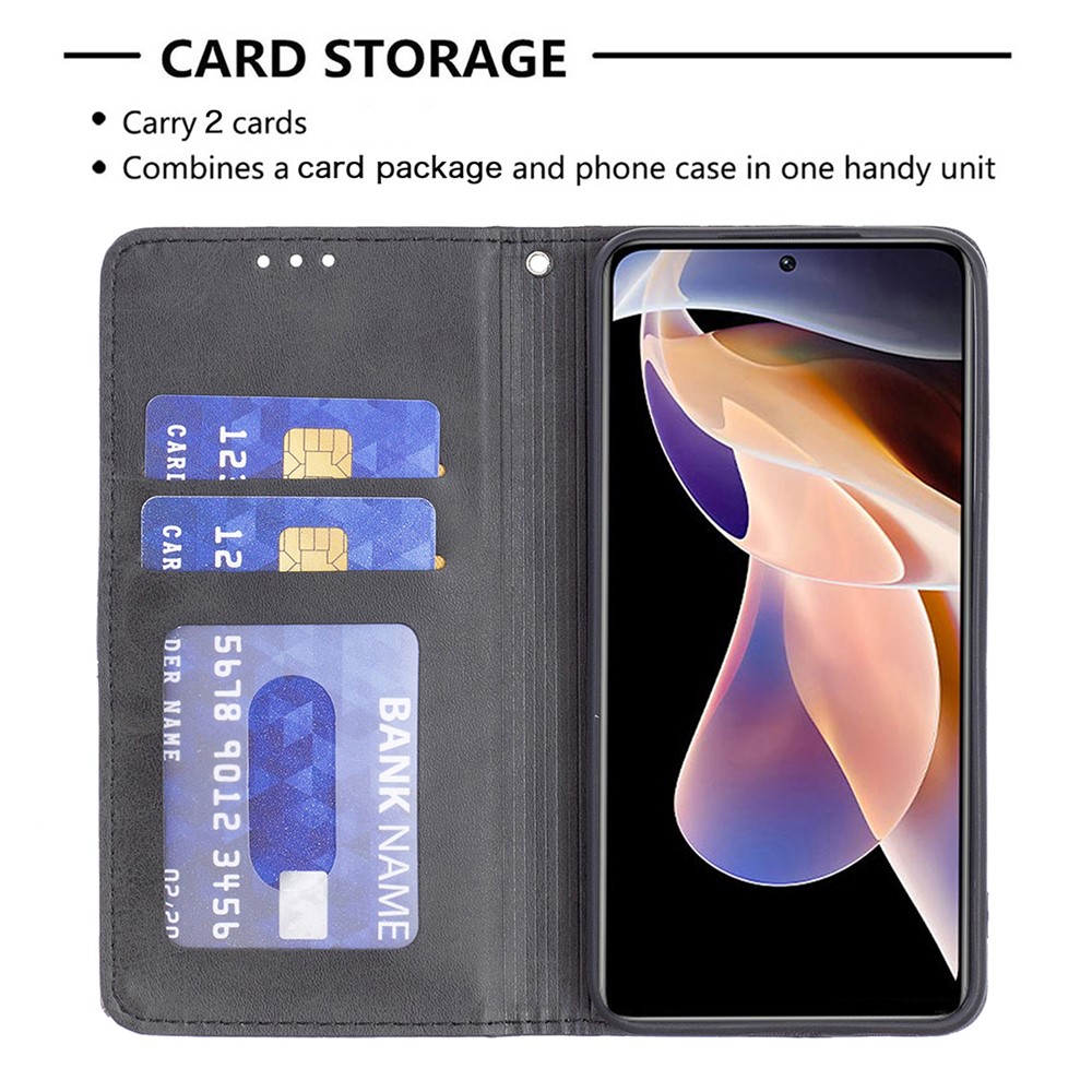 Rhombus-like Imprinted Scratch-resistant Magnetic Closure Card Slots Design Leather Phone Case with Stand for Xiaomi Redmi Note 11 Pro/11 Pro+ - Black-6