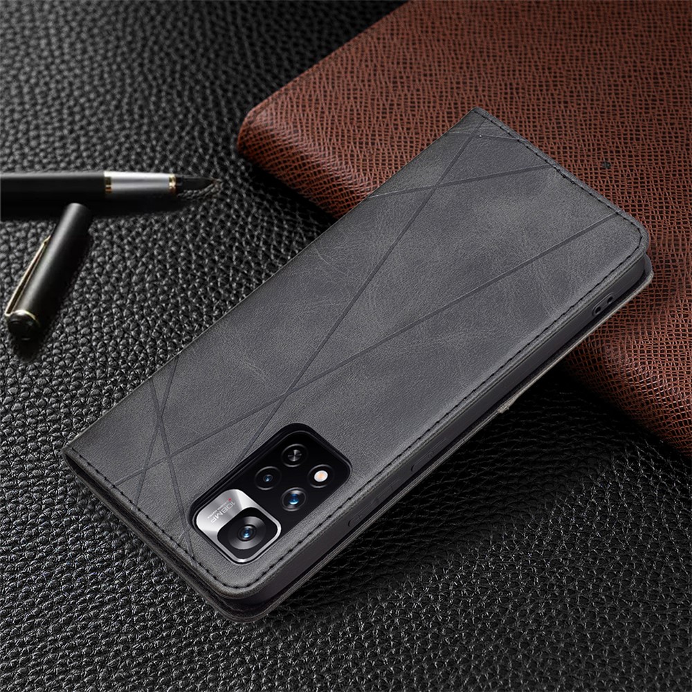 Rhombus-like Imprinted Scratch-resistant Magnetic Closure Card Slots Design Leather Phone Case with Stand for Xiaomi Redmi Note 11 Pro/11 Pro+ - Black-8