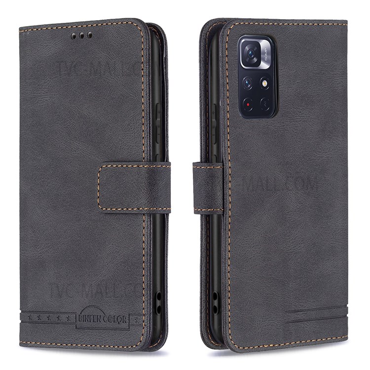 BINFEN COLOR BF09 Impact-resistant RFID Blocking Phone Case Flip Leather Stand Wallet Phone Cover Protector for Xiaomi Redmi Note 11 5G/Note 11T 5G/Poco M4 Pro 5G - Black-1