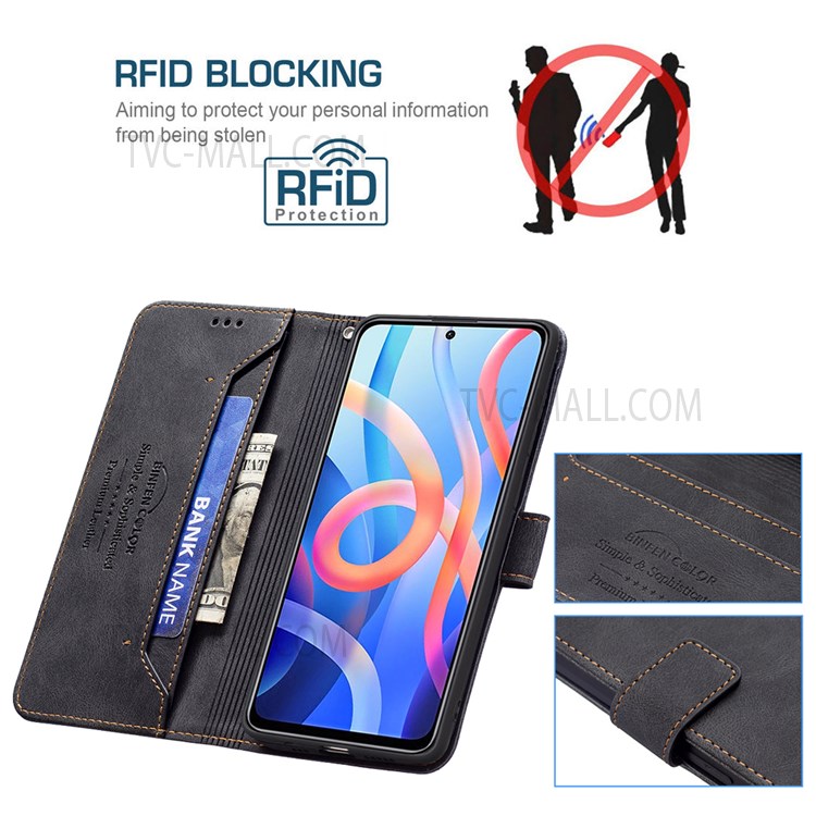 BINFEN COLOR BF09 Impact-resistant RFID Blocking Phone Case Flip Leather Stand Wallet Phone Cover Protector for Xiaomi Redmi Note 11 5G/Note 11T 5G/Poco M4 Pro 5G - Black-5