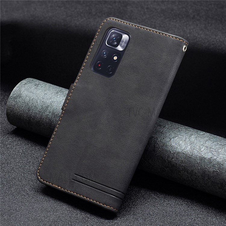 BINFEN COLOR BF09 Impact-resistant RFID Blocking Phone Case Flip Leather Stand Wallet Phone Cover Protector for Xiaomi Redmi Note 11 5G/Note 11T 5G/Poco M4 Pro 5G - Black-7