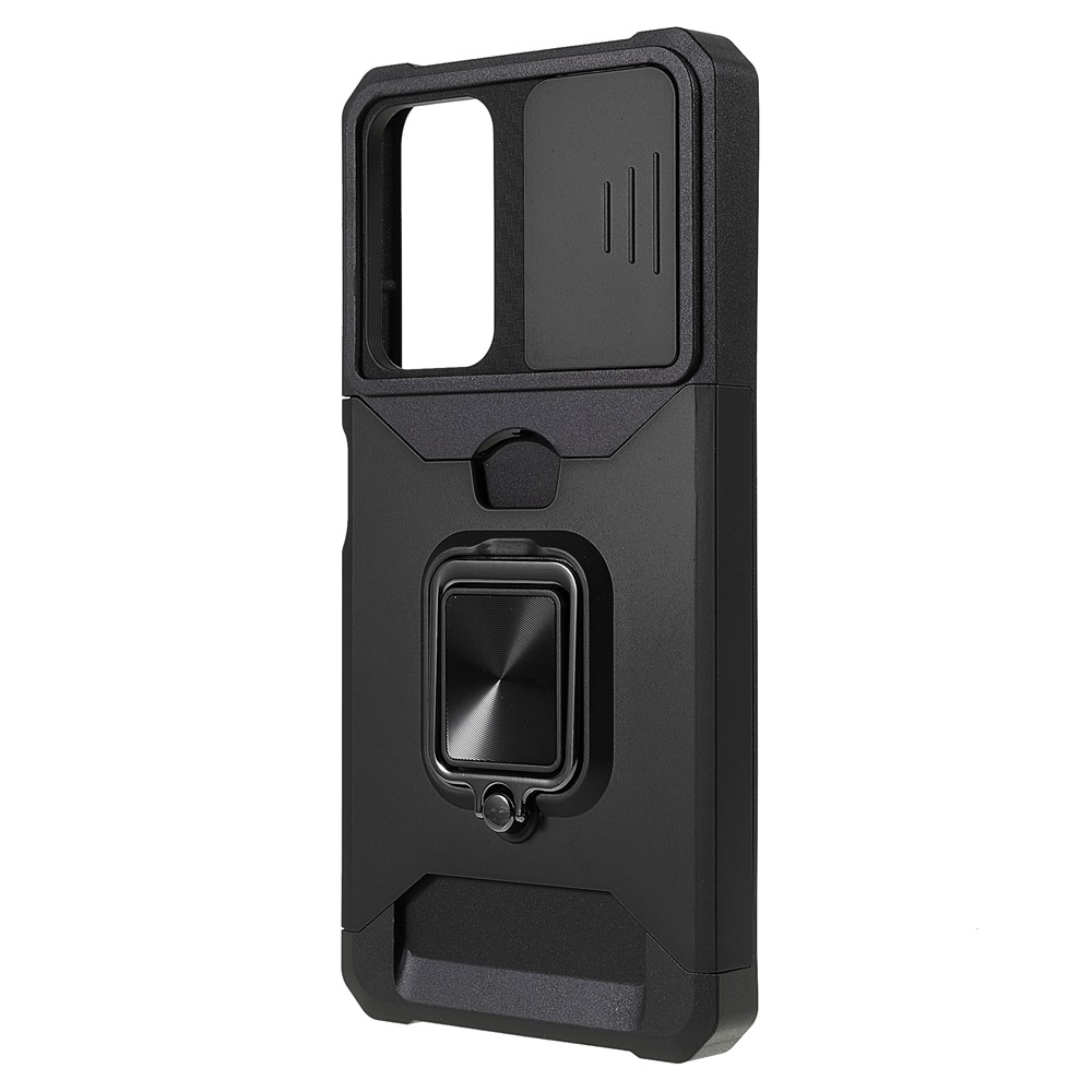 Camera Slider Anti-fall Protection PC + TPU Phone Case Card Slot and Kickstand Design Phone Cover for Xiaomi Redmi Note 11 Pro/11 Pro+ - Black-2
