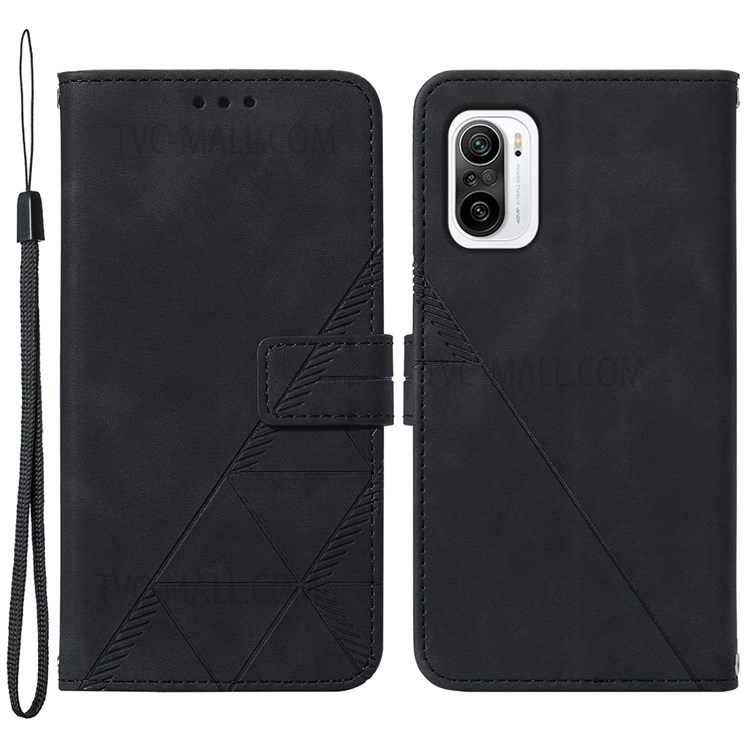 PB2 Series PU Leather Flip Phone Shell Imprinting Lines Wallet Case Stand TPU Interior Phone Cover with Strap for Xiaomi Redmi K40 Pro / Redmi K40 / Poco F3 / Mi 11i / Mi 11X Pro - Black-1
