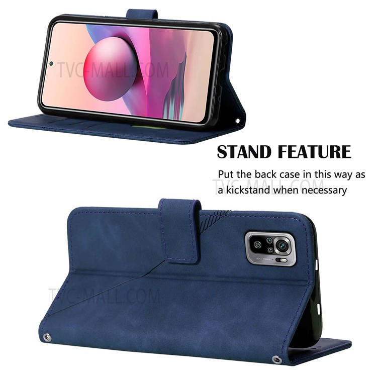 PB2 Series Imprinting Lines PU Leather Flip Wallet Case Stand Dual-sided Magnetic Clasp Phone Shell with Strap for Xiaomi Redmi Note 10S/Redmi Note 10 4G - Sapphire-4