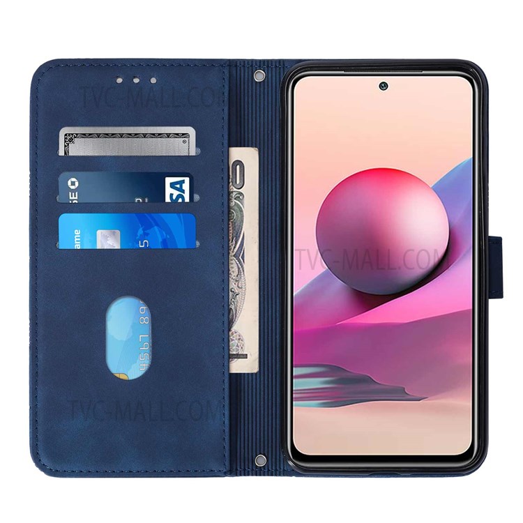 PB2 Series Imprinting Lines PU Leather Flip Wallet Case Stand Dual-sided Magnetic Clasp Phone Shell with Strap for Xiaomi Redmi Note 10S/Redmi Note 10 4G - Sapphire-5