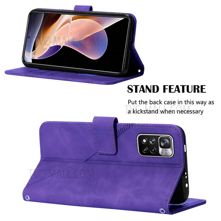 PB2 Series Imprinting Lines PU Leather Folio Flip Wallet Case Stand Magnetic Closure TPU Interior Phone Cover with Strap for Xiaomi Redmi Note 11 Pro+ / Redmi Note 11 Pro - Purple-4