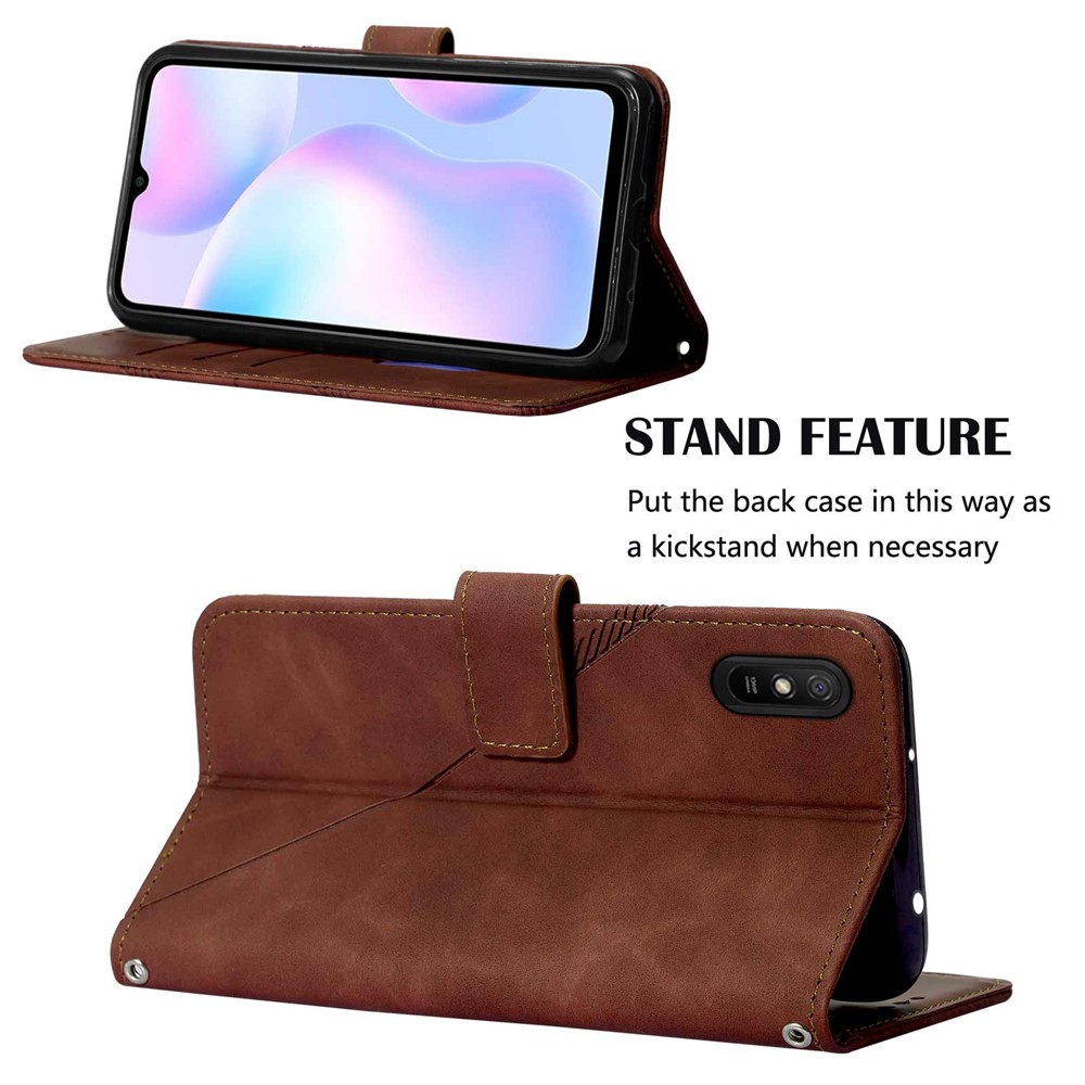 PB2 Series Stylish Imprinting Lines PU Leather Flip Wallet Case Stand Phone Covering Shell for Xiaomi Redmi 9AT / Redmi 9i / Redmi 9A - Brown-4