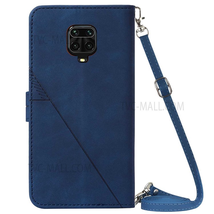 PB2-1 Series Full Protective Anti-fall PU Leather Phone Case Imprinted Scratch-proof Phone Cover with Shoulder Strap Wallet for Xiaomi Redmi Note 9 Pro/9 Pro Max/9S - Sapphire-3
