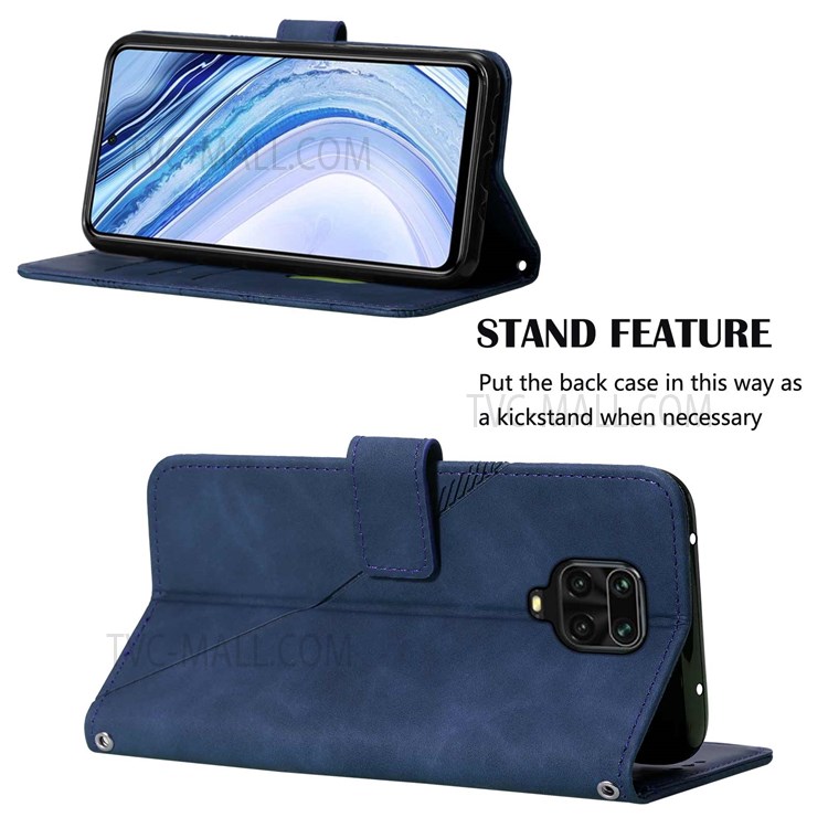 PB2-1 Series Full Protective Anti-fall PU Leather Phone Case Imprinted Scratch-proof Phone Cover with Shoulder Strap Wallet for Xiaomi Redmi Note 9 Pro/9 Pro Max/9S - Sapphire-5