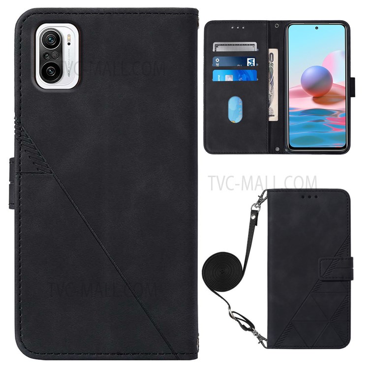 PB2-1 Series Business PU Leather Phone Case Imprinted Scratch-resistant Wallet Phone Cover with Shoulder Long Strap for Xiaomi Redmi K40/K40 Pro/Poco F3/Mi 11i/Mi 11X Pro - Black-1