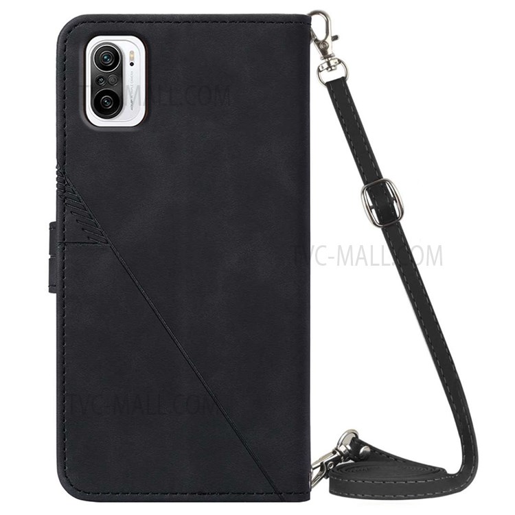 PB2-1 Series Business PU Leather Phone Case Imprinted Scratch-resistant Wallet Phone Cover with Shoulder Long Strap for Xiaomi Redmi K40/K40 Pro/Poco F3/Mi 11i/Mi 11X Pro - Black-3