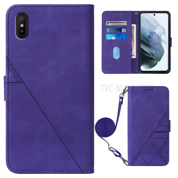 PB2-1 Series Imprinted PU Leather Anti-fall Phone Cover Scratch-proof Phone Case with Shoulder Strap Wallet Stand for Xiaomi Redmi 9A/9AT/9i - Purple-1