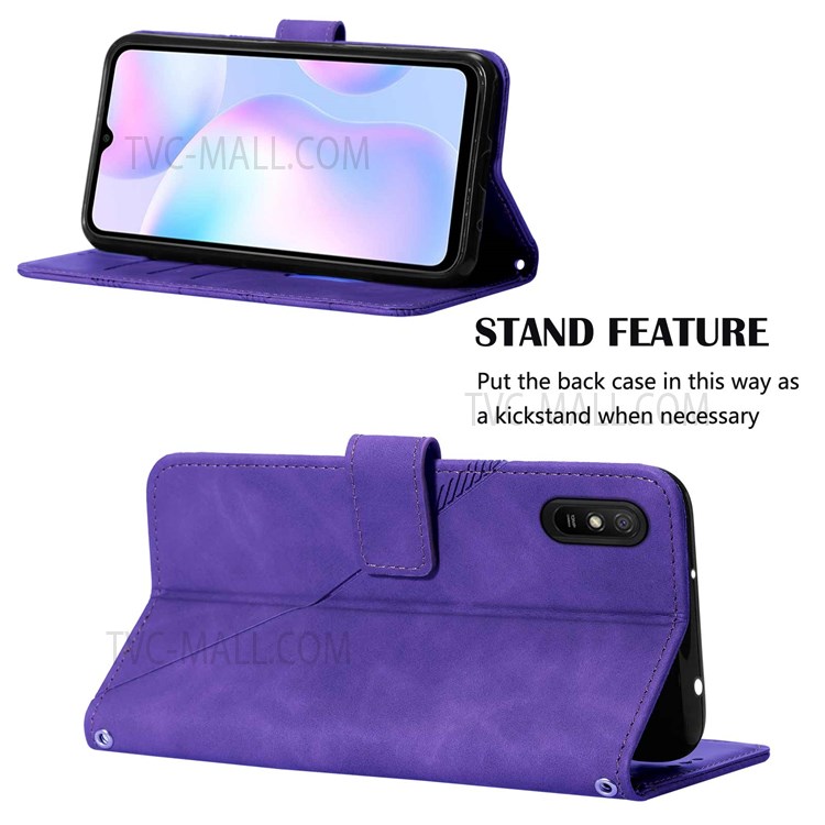 PB2-1 Series Imprinted PU Leather Anti-fall Phone Cover Scratch-proof Phone Case with Shoulder Strap Wallet Stand for Xiaomi Redmi 9A/9AT/9i - Purple-5