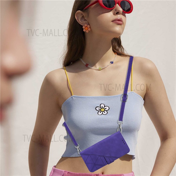 PB2-1 Series Imprinted PU Leather Anti-fall Phone Cover Scratch-proof Phone Case with Shoulder Strap Wallet Stand for Xiaomi Redmi 9A/9AT/9i - Purple-9