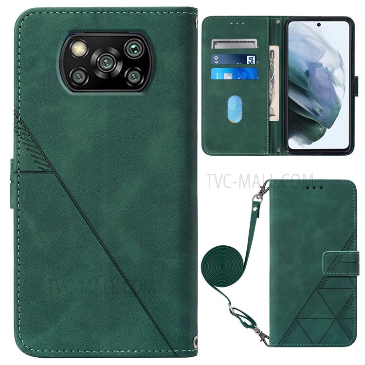 PB2-1 Series Imprinted PU Leather Phone Case Business Full Protective Phone Cover with Wallet Shoulder Strap for Xiaomi Poco X3/X3 Pro/X3 NFC - Blackish Green-1