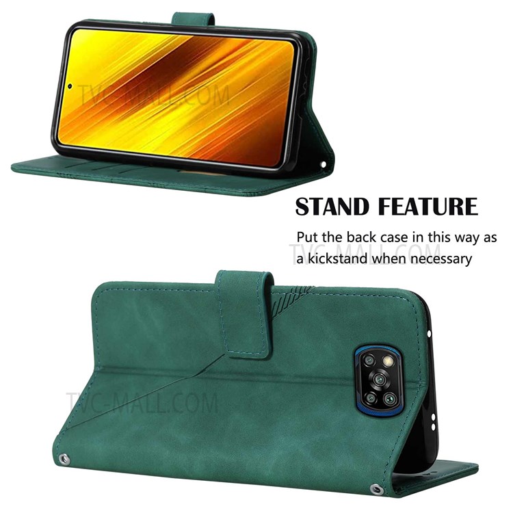 PB2-1 Series Imprinted PU Leather Phone Case Business Full Protective Phone Cover with Wallet Shoulder Strap for Xiaomi Poco X3/X3 Pro/X3 NFC - Blackish Green-13