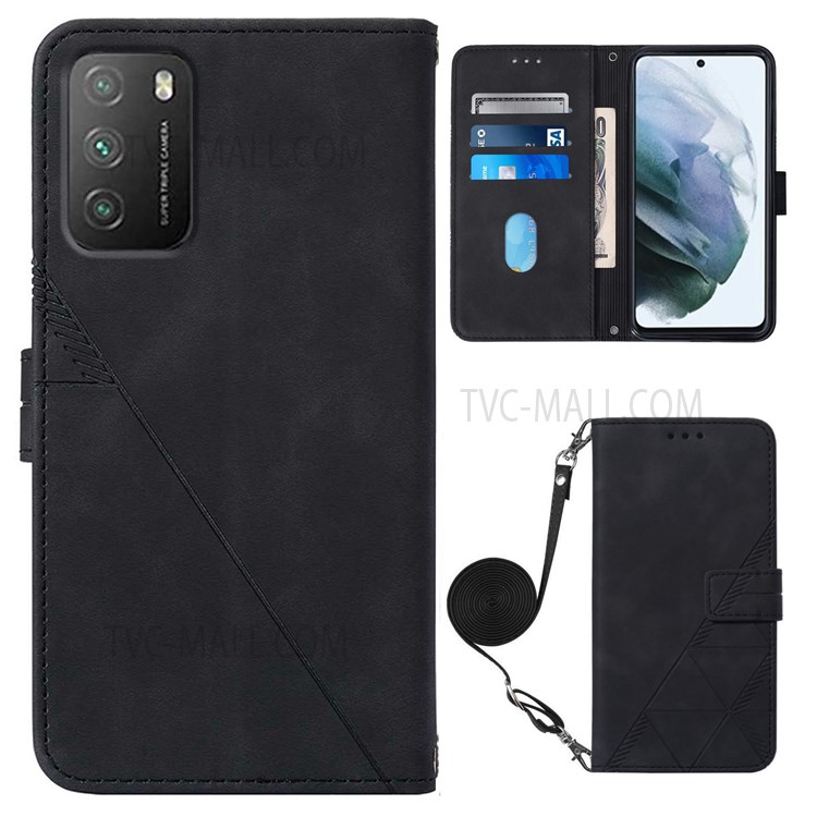 PB2-1 Series Anti-fall PU Leather Phone Case Imprinted Full Protective Business Phone Cover with Shoulder Strap Wallet for Xiaomi Poco M3/Redmi 9T/9 Powerr - Black-1