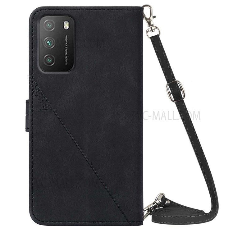 PB2-1 Series Anti-fall PU Leather Phone Case Imprinted Full Protective Business Phone Cover with Shoulder Strap Wallet for Xiaomi Poco M3/Redmi 9T/9 Powerr - Black-3