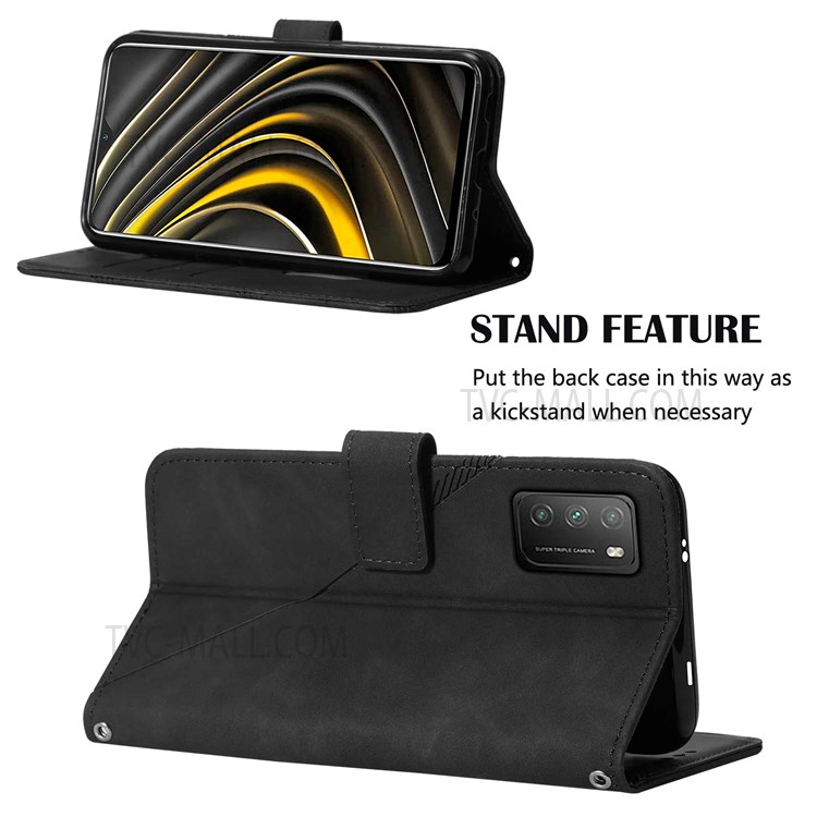 PB2-1 Series Anti-fall PU Leather Phone Case Imprinted Full Protective Business Phone Cover with Shoulder Strap Wallet for Xiaomi Poco M3/Redmi 9T/9 Powerr - Black-5