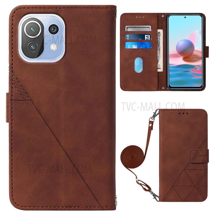 PB2-1 Series Imprinted Business PU Leather Phone Case Full Protective Wallet Phone Cover with Shoulder Strap for Xiaomi Mi 11 Lite 4G/5G - Brown-1