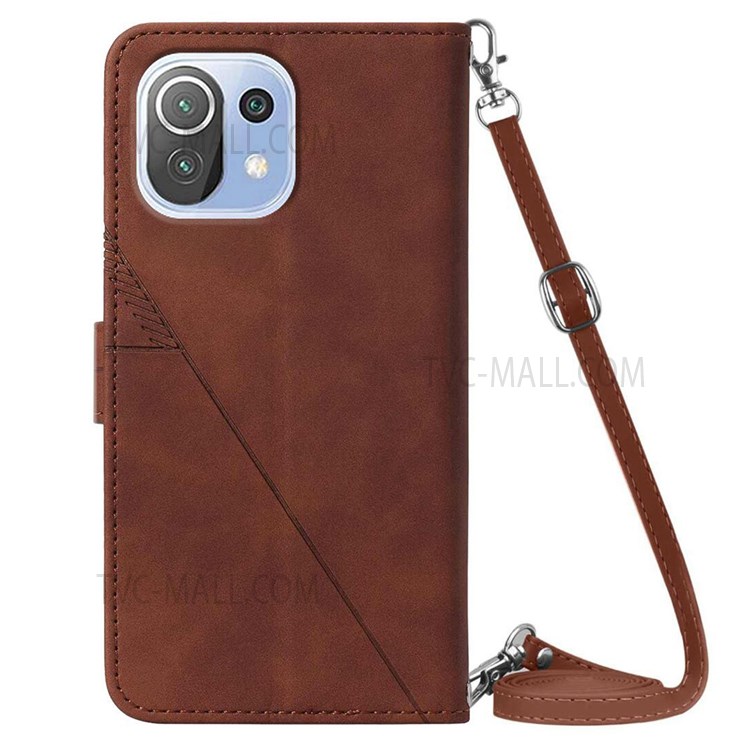 PB2-1 Series Imprinted Business PU Leather Phone Case Full Protective Wallet Phone Cover with Shoulder Strap for Xiaomi Mi 11 Lite 4G/5G - Brown-3