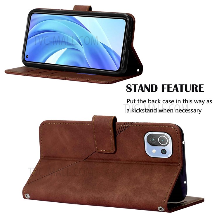 PB2-1 Series Imprinted Business PU Leather Phone Case Full Protective Wallet Phone Cover with Shoulder Strap for Xiaomi Mi 11 Lite 4G/5G - Brown-5