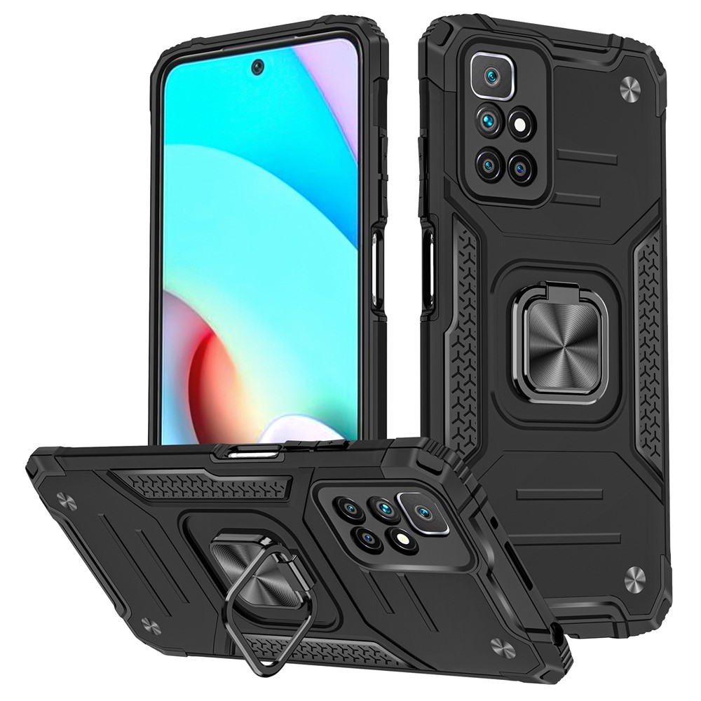 Hybrid Hard PC Back Soft TPU Shockproof Armor Defender Case with Magnetic Kickstand for Xiaomi Redmi 10 - Black-1