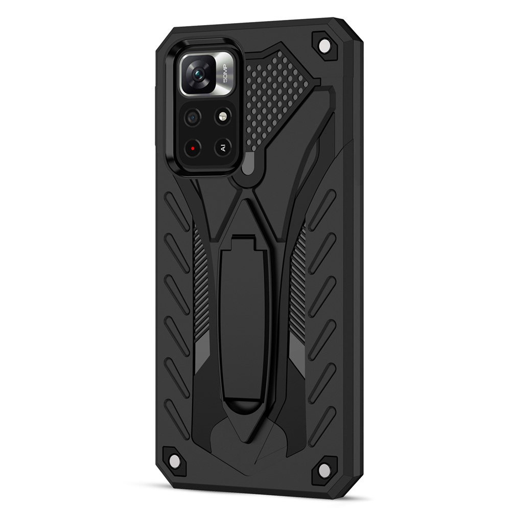 Phantom Knight Series Anti-fingerprint Shock-resistant Mobile Phone Bag Case Hard PC + Soft TPU Phone Cover with Kickstand for Xiaomi Redmi Note 11 5G / Poco M4 Pro 5G - Black-2