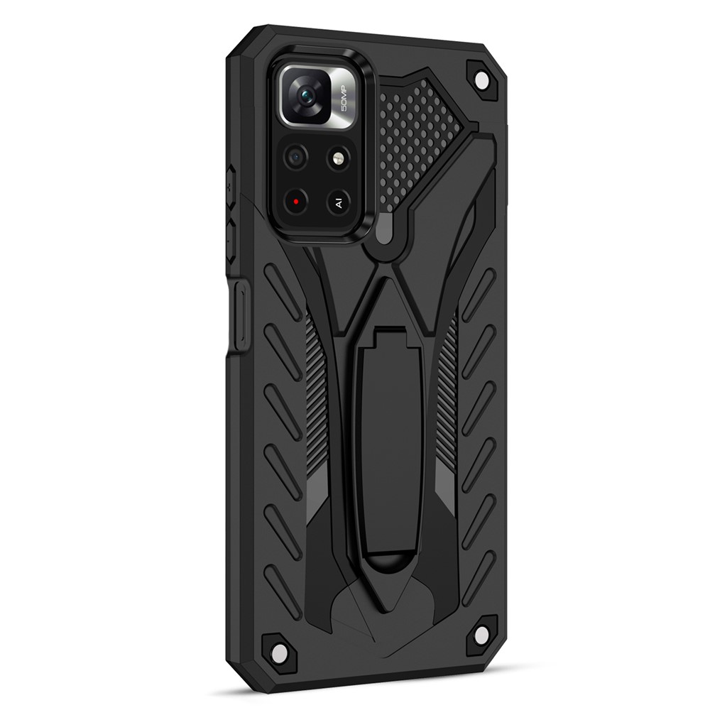 Phantom Knight Series Anti-fingerprint Shock-resistant Mobile Phone Bag Case Hard PC + Soft TPU Phone Cover with Kickstand for Xiaomi Redmi Note 11 5G / Poco M4 Pro 5G - Black-3