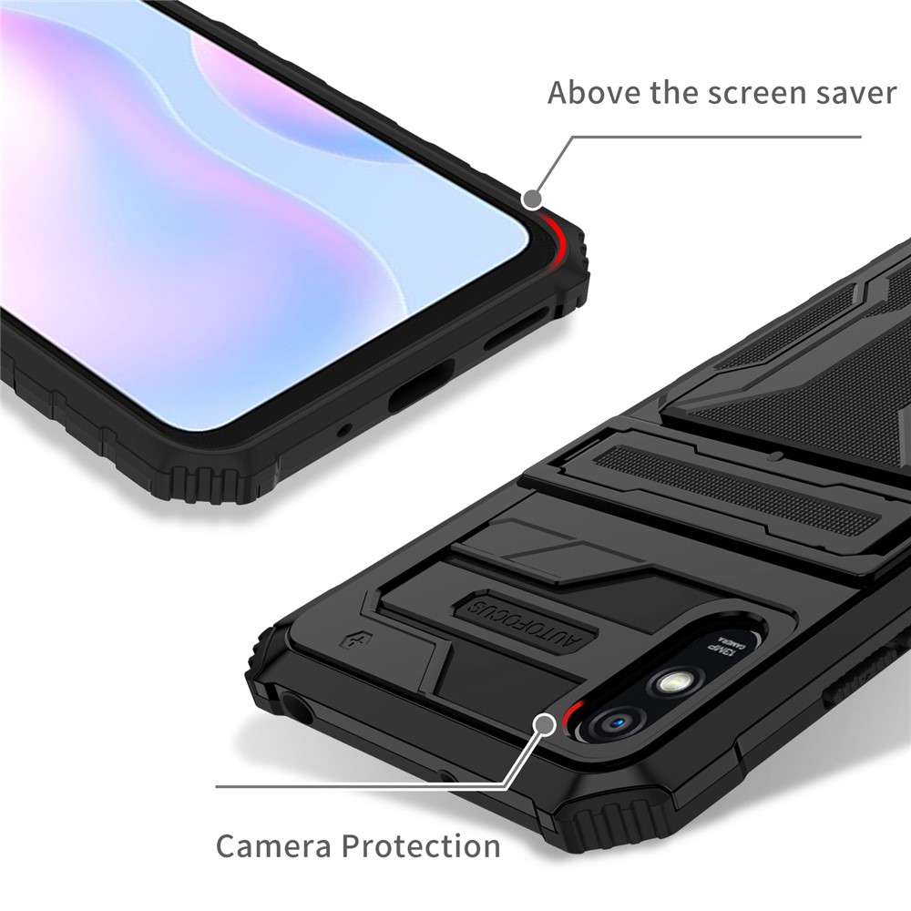 Anti-Fall Phone Case Hard PC + Soft TPU Shockproof Phone Cover with Kickstand Detachable Card Holder for Xiaomi Redmi 9A - Black-4