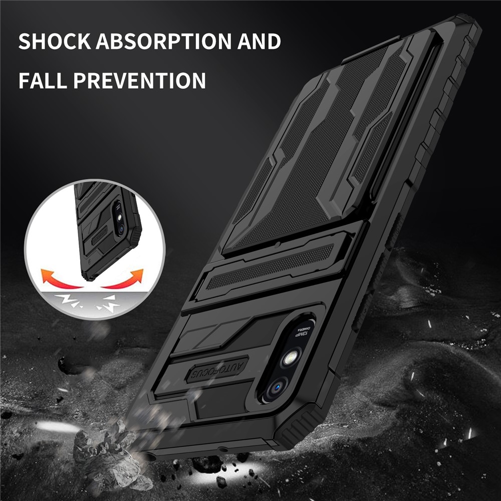 Anti-Fall Phone Case Hard PC + Soft TPU Shockproof Phone Cover with Kickstand Detachable Card Holder for Xiaomi Redmi 9A - Black-6
