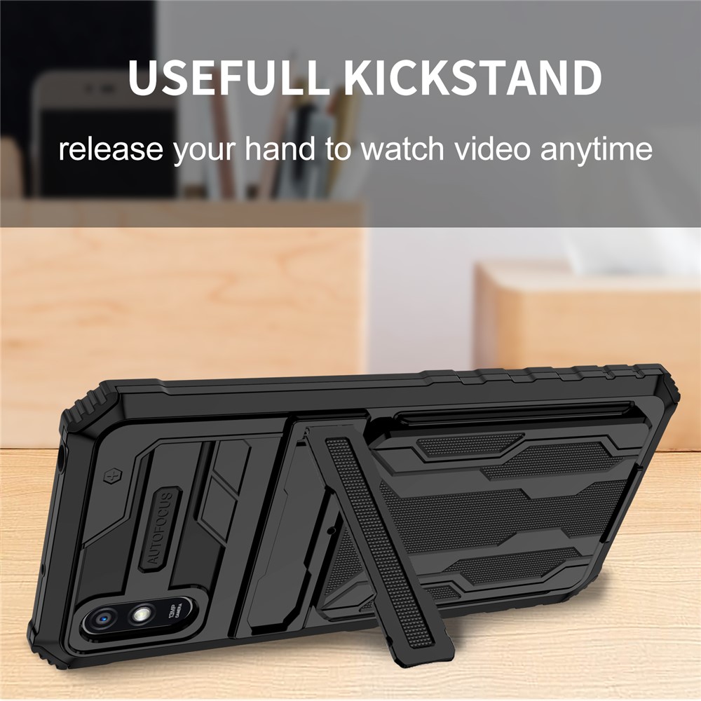 Anti-Fall Phone Case Hard PC + Soft TPU Shockproof Phone Cover with Kickstand Detachable Card Holder for Xiaomi Redmi 9A - Black-7