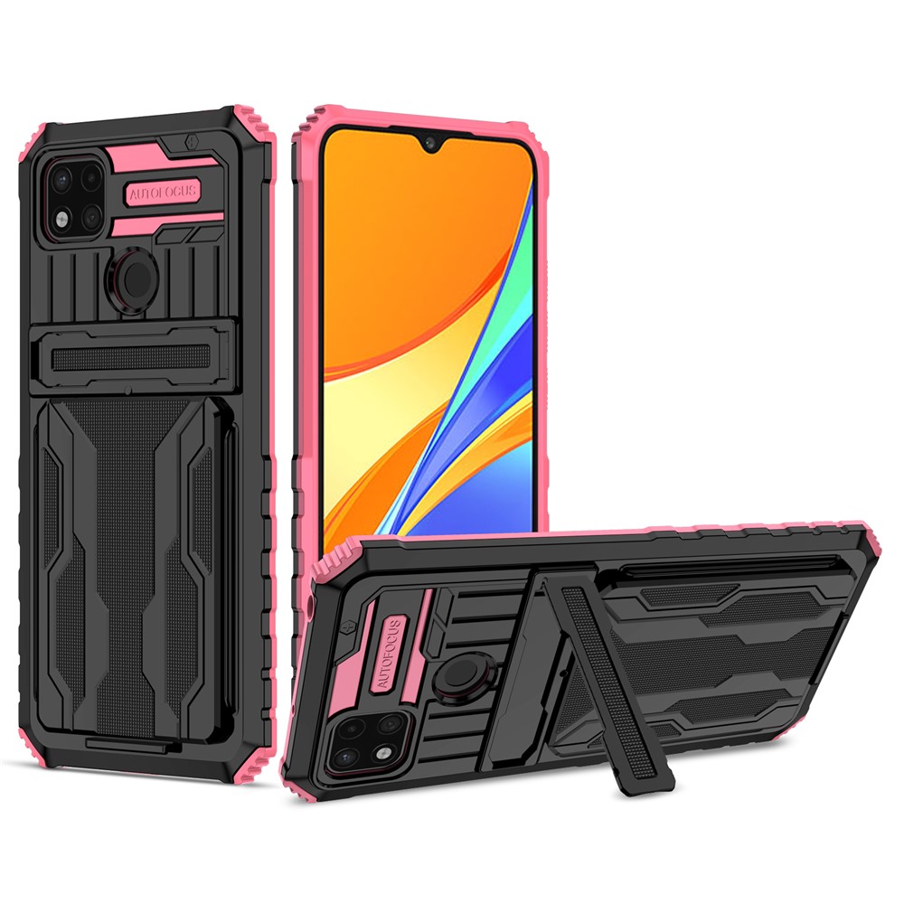 Hard PC and Soft TPU Phone Case Fall Prevention Phone Cover Kickstand Detachable Card Holder Design Phone Protector for Xiaomi Redmi 9C/9C NFC - Pink-1