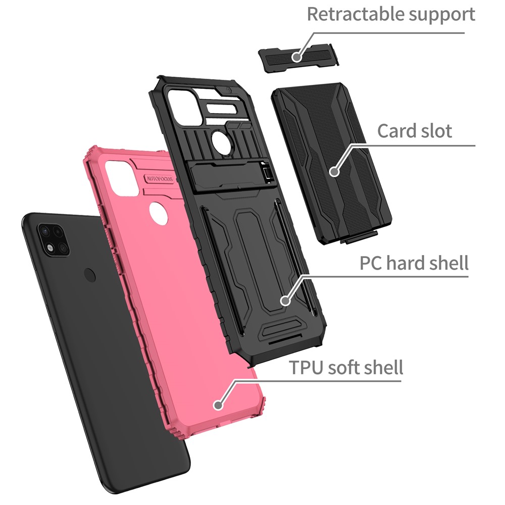 Hard PC and Soft TPU Phone Case Fall Prevention Phone Cover Kickstand Detachable Card Holder Design Phone Protector for Xiaomi Redmi 9C/9C NFC - Pink-3