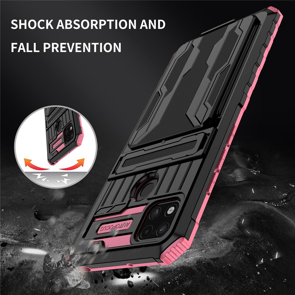 Hard PC and Soft TPU Phone Case Fall Prevention Phone Cover Kickstand Detachable Card Holder Design Phone Protector for Xiaomi Redmi 9C/9C NFC - Pink-6