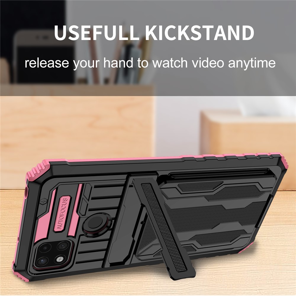 Hard PC and Soft TPU Phone Case Fall Prevention Phone Cover Kickstand Detachable Card Holder Design Phone Protector for Xiaomi Redmi 9C/9C NFC - Pink-7