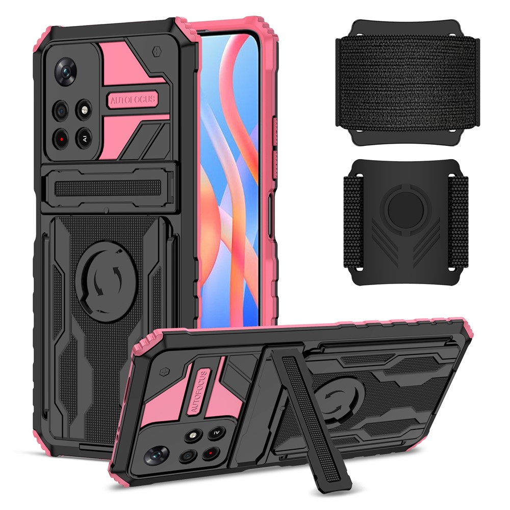 Kickstand Hard PC + Soft TPU Portable Phone Case Protective Cover with Adjustable Wristband for Xiaomi Redmi Note 11 5G/Poco M4 Pro 5G - Pink-1